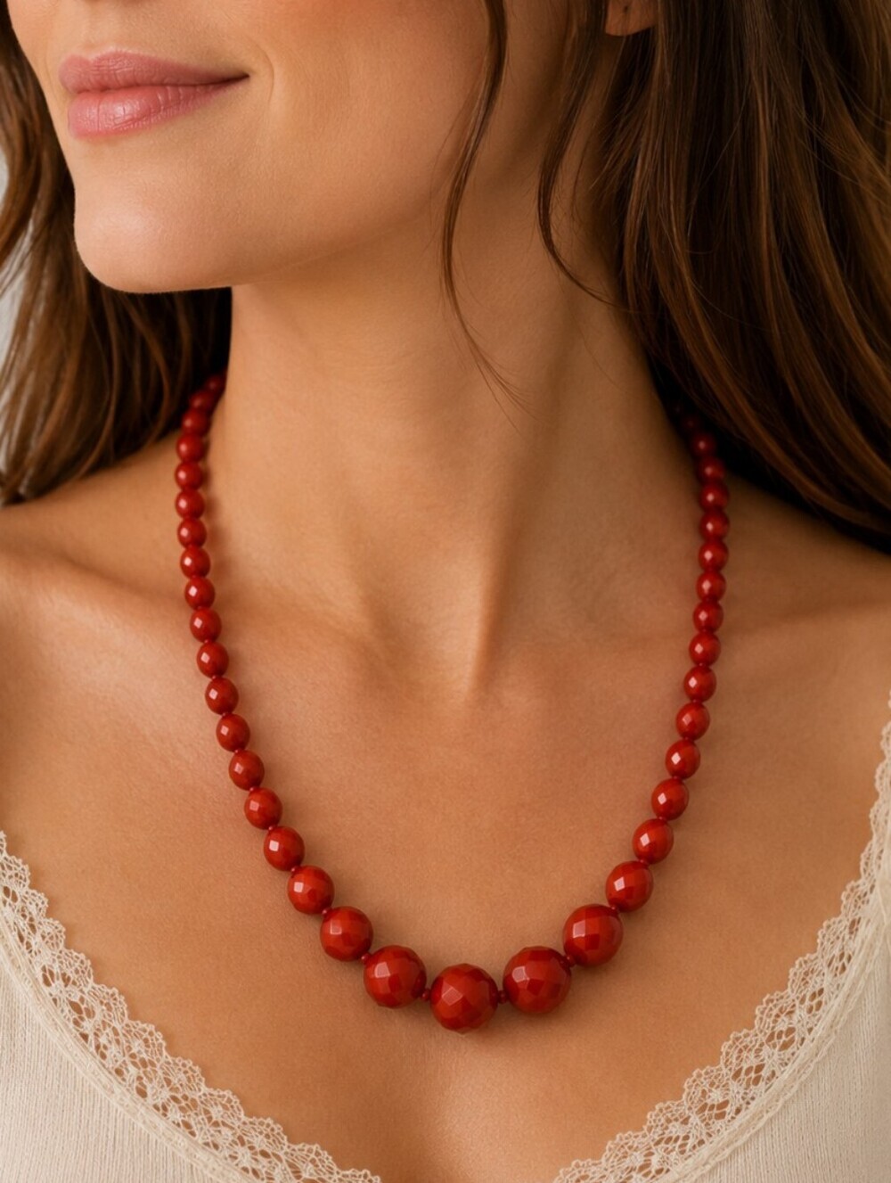 Vintage Opaque Tomato Red Czech Glass Faceted Graduated Beaded Necklace